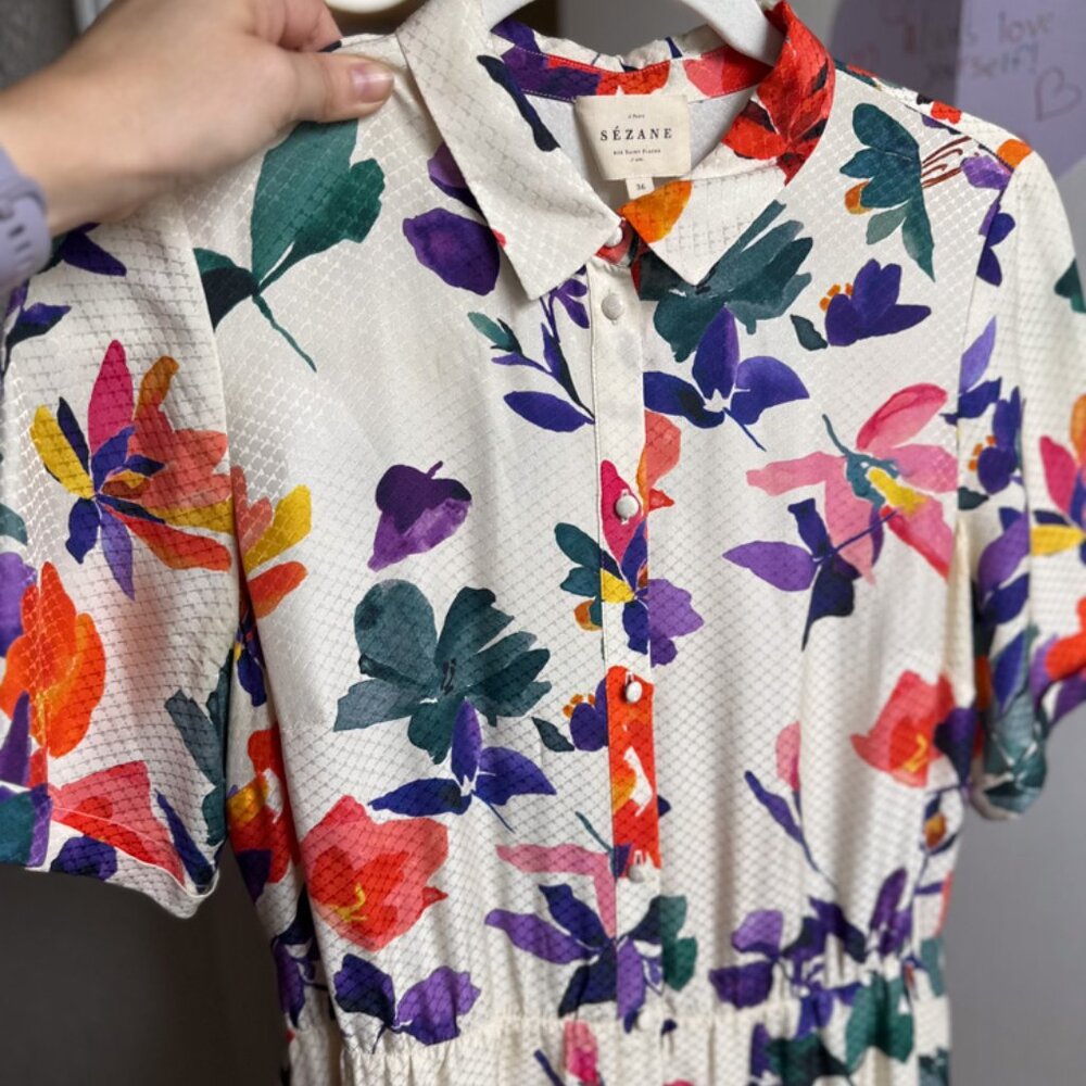 Sezane Floral Midi Dress in Cream with Orange & Purple Blossoms - Picture 2 of 10